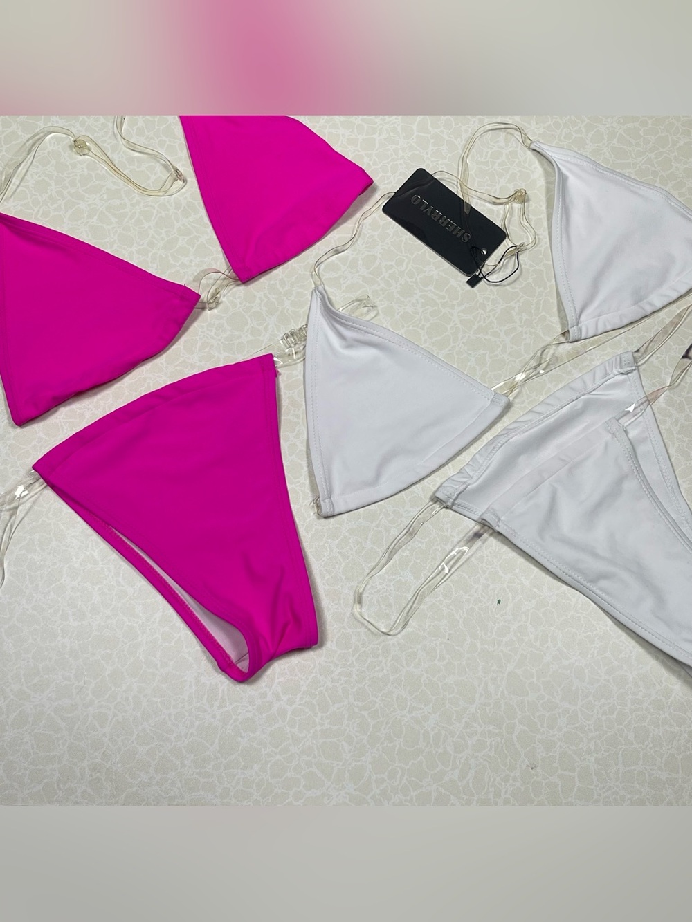 2 SHERRYLO Clear Strap Triangle Bikini Sets White & Neon Pink Size L